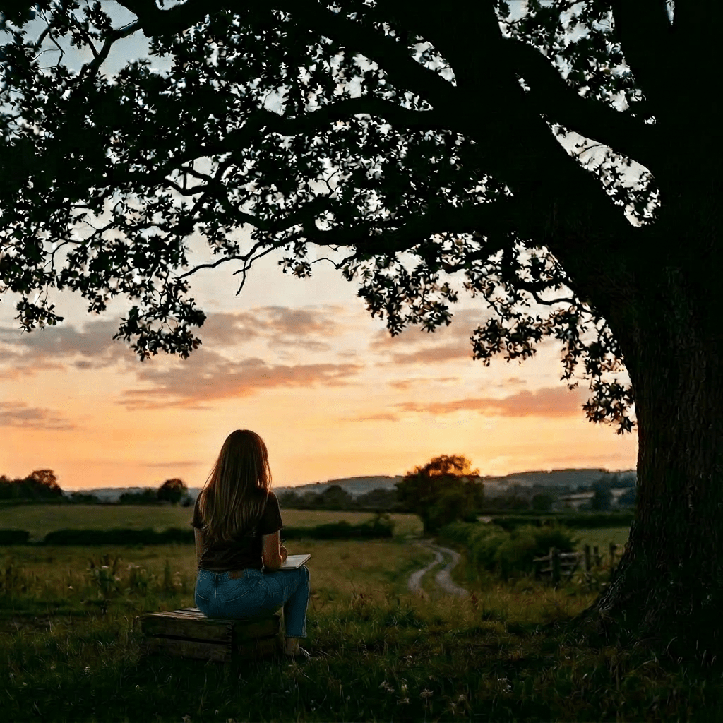 Woman sitting on a wooden box under a tree writing in a notebook at sunset